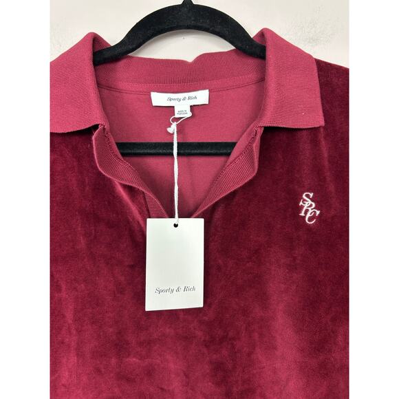 Sporty and Rich NWT Velour Longsleeve Polo Top Merlot Medium - Picture 8 of 12